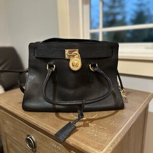 Michael Kors Black Leather Satchel with Gold-Tone Lock